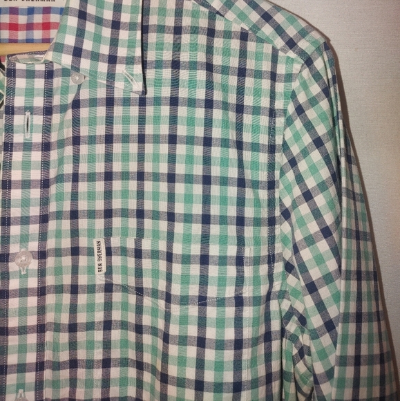 Ben Sherman The House Gingham Shirt Button Front Long Sleeve Green Blue Medium - Picture 5 of 8